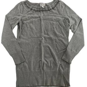 Bisou Bisou Sweater Women Large Grey Jewel Metallic Knit Preppy Vintage